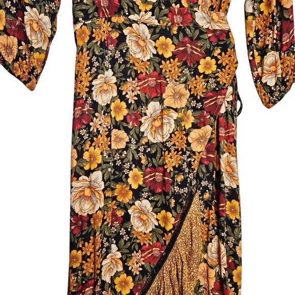 Farm Rio Madrid Maxi Dress Anthropologie Floral Gold Yellow‎ Wrap High Low XS - Picture 7 of 12